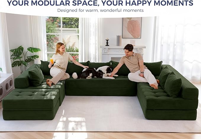 MAXYOYO Modular Sectional Sofa Couch, Foldable Oversized U Shaped Cloud Couch with Pillows, Tufted Boneless Sleeper Lounger Floor Sofa Bed for Living Room, No Assembly Required, Dark Green