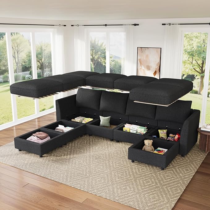 HONBAY Modular Sofa U Shaped Sectional Couch with Storage, Convertible Modular Sofa 7 Seats Sectional for Living Room - Linen Grey