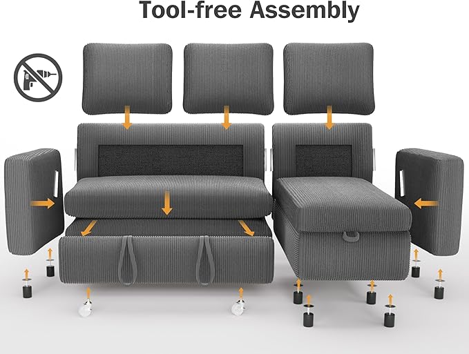 Vipbear 80" Sectional Sleeper Sofa Bed with Pull Out Bed, L Shaped Couch Pull Out Couch with Reclining Backrest, Reversible Storage Chaise, USB Ports, Tool-Free Assembly, Corduroy Dark Grey