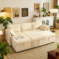 Tbfit 83'' 3 in 1 Sleeper Sofa Couch with USB & Storage Chaise, Cloud Sofa Bed with Pull Out Bed, Chenille Convertible Sleeper Sofas for Living Room, Small Spaces, Beige