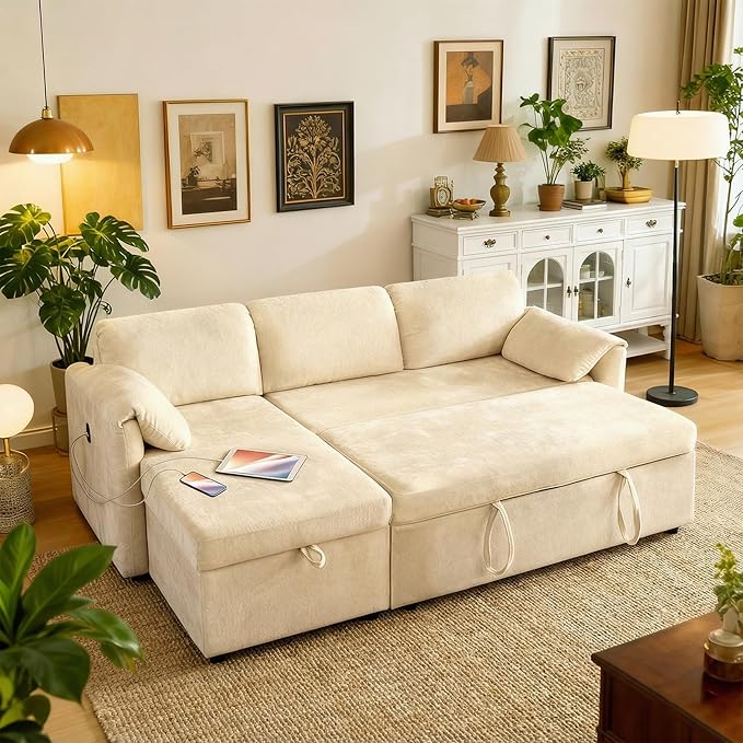 Tbfit 83'' 3 in 1 Sleeper Sofa Couch with USB & Storage Chaise, Cloud Sofa Bed with Pull Out Bed, Chenille Convertible Sleeper Sofas for Living Room, Small Spaces, Beige