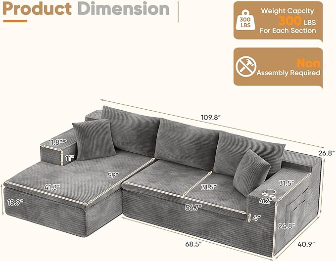 Homall 109" Boneless Couch with Memory Foam, Modular Sectional Sofa with L-Shape Chaise, Cloud Couch with Deep Seat, Dual Cup Holders & Side Pockets, No Assembly Required (Gray)