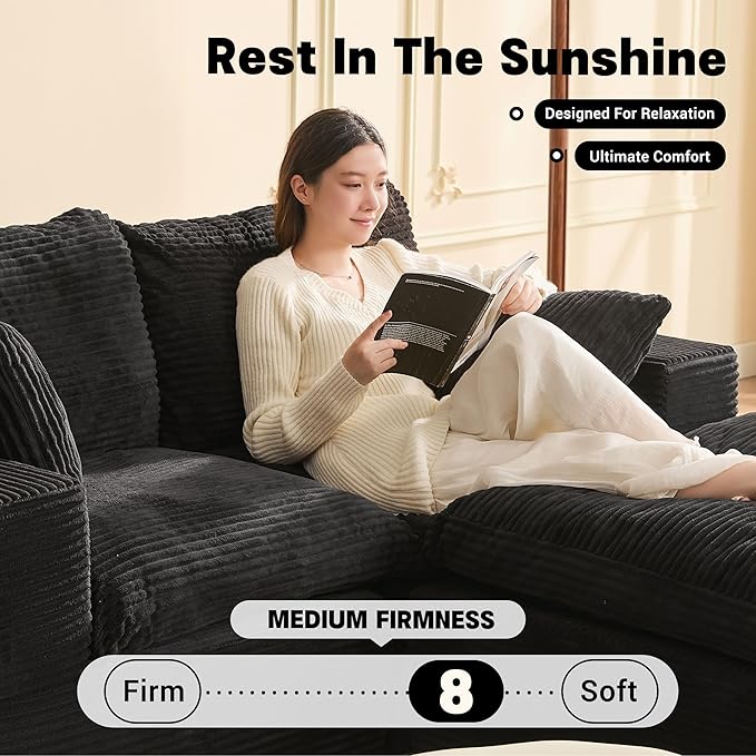 74.8” Set of Cloud Couch, Modular Loveseat Sofa, Convertible Sofas Bed, Deep Seat Sofa, Cozy Sofa for Living Room, Office and Bedroom, L Shaped Cozy Sofa Furniture Set, Corduroy, Black