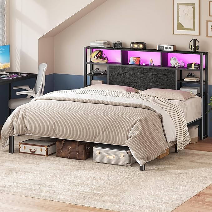 Homkdom King Size Bed Frame with Storage Headboard, LED Lights & Charging Station Heavy Duty Metal Platform Bed for Bedrooms, 1100 LBS Capacity, No Box Spring Needed, Easy Assembly，Black