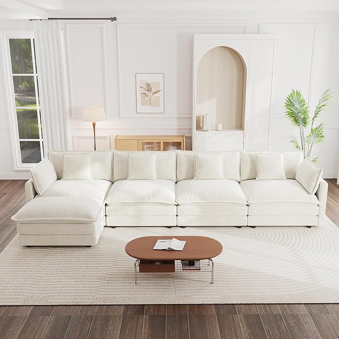 mikibama Modular Sectional Sofa, 146.5 Inch L Shaped Couch Set for Living Room, 4-Seater Comfy Cloud Couches with Movable Ottoman, DIY Combination, Chenille, Beige