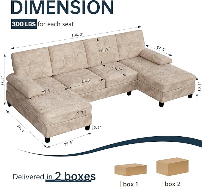 Meilocar Sectional Couches for Living Room, 4 Seat Sofa Set U Shaped Couch with Double Chaise Lounges, Large Couch for Apartment (Light Beige)