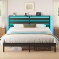 Rolanstar Bed Frame King Size with USB Charging Station, LED Bed Frame with Wood Storage Headboard, Black Metal Platform Bed with Under Bed Storage, No Box Spring Needed, Noise Free