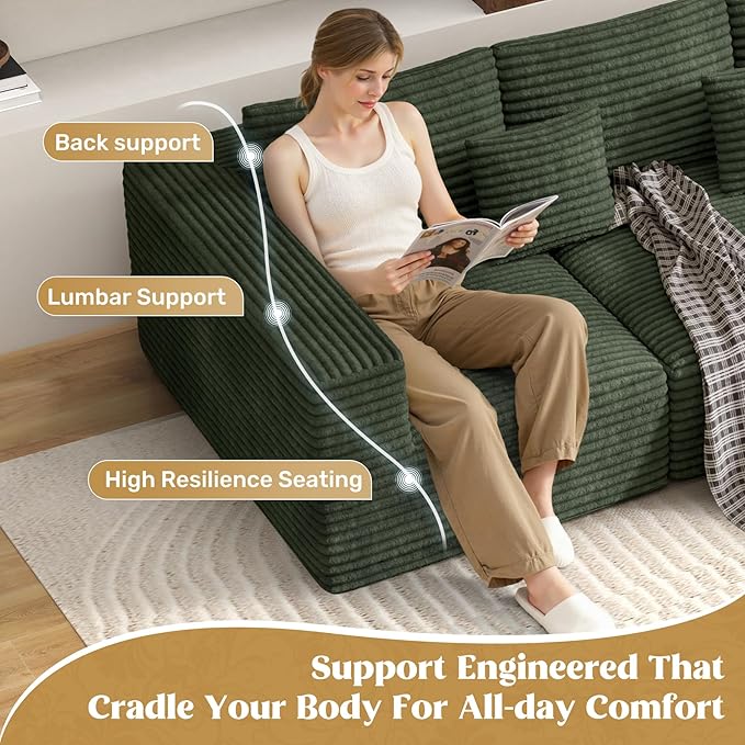 110" Modular Sectional Sofa Couches, Cloud Couches for Living Room, Boneless Sofa with Deep Seat,L-Shape Couch with Chaise,No Assembly Required,Green,1 PCS