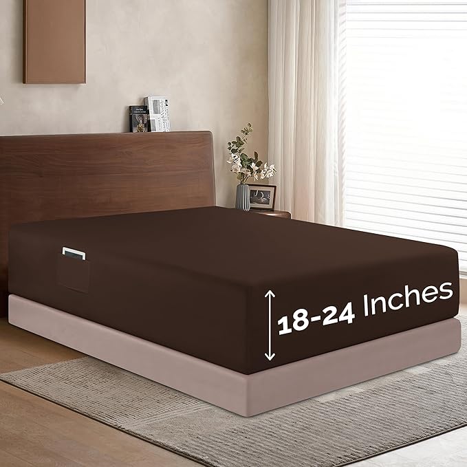 Elegant Comfort 1500 Premium Hotel Quality 18-24 Inches Deep - Extra Deep Pocket Single Fitted Sheet for High Mattress, Luxury and Softest, Smart Pocket - Wrinkle Free, King, Chocolate Brown
