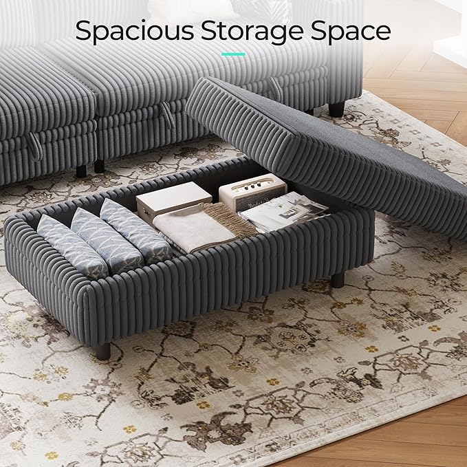 LINSY HOME Sectional Sleeper Sofa - Modular Ottoman Module (Grey, Sleeper Sofa Ottoman) | Storage, Convertible, Coffee Table, Plush Corduroy