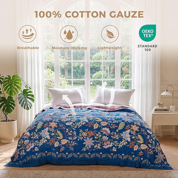 LUTBM Boho Throw Blanket for Bed Cotton Spring Blankets Bedroom Living Room Twin All Season Lightweight Floral Embroidery Quilt for Couch Sofa Chair 60"x80"