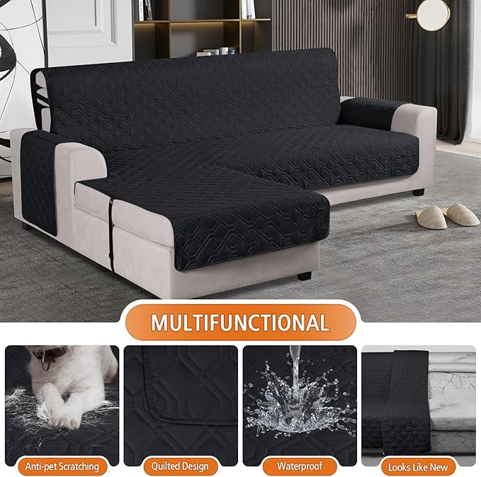 VANSOFY Upgraded Sectional Couch Covers 100% Waterproof L Shaped Sofa Slipcover Reversible Chaise Lounge Cover for Sectional Sofa Furniture Protector Cover for Pets Dog Cat(Small, Black)