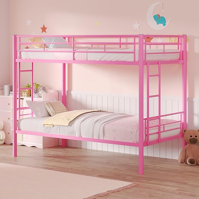 VECELO Bunk Bed Twin Over Twin, Metal Bunkbeds with Ladder and Full-Length Guardrail, No Box Spring Needed, Space Saving, Noise Free, Light Pink