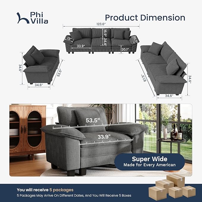 PHI VILLA Cloud Modular Couches Sets, 3 Pieces Large Sectional Sofa Set with Loveseats & Armchair, 6-Seater Upholstered Couch for Living Room, Corduroy Fabric, Grey