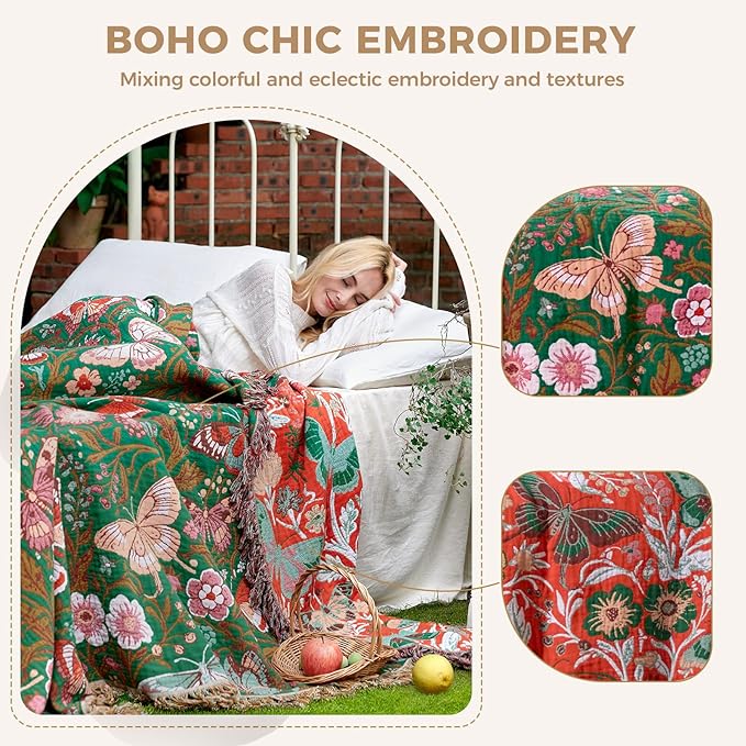 LUTBM Boho Throw Blanket for Bed Cotton Blankets for Bedroom Living Room Twin All Season Lightweight Butterflies Embroidery Quilt for Couch Sofa Chair 60"x80"