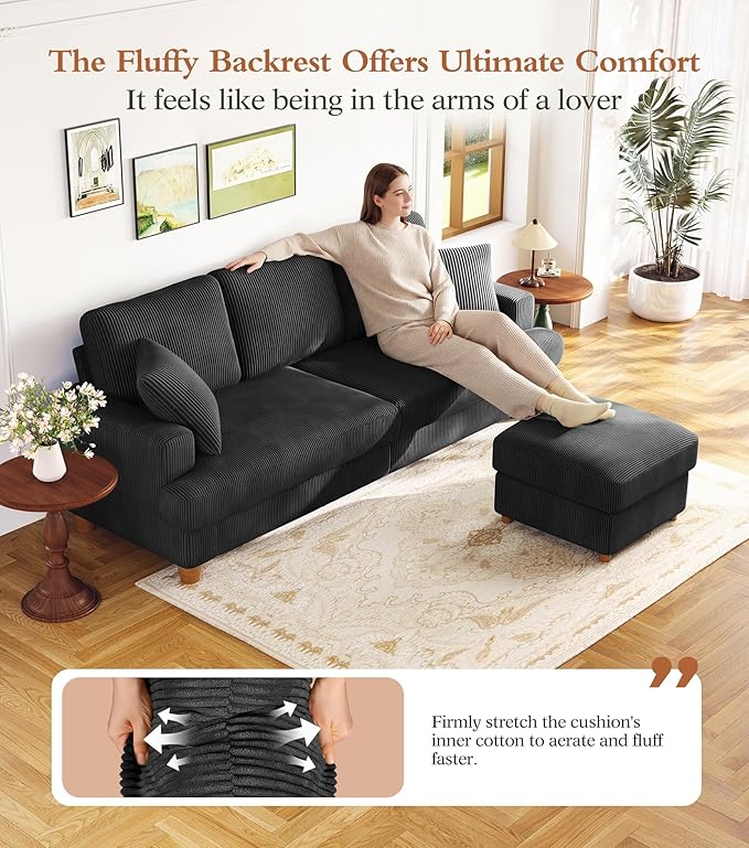 87" L shape Corduroy Couch, Sofa No Tool Assembly, Comfy Couches for Living Room 21in Deeper Seats, Corduroy Sofas for Living Room with 2 Pillows, Oversized Loveseat Sofa, Boho Love Seat, Black | Comfy Corduroy, Oversized 87in Couch, 850LB Tough, Tool-...