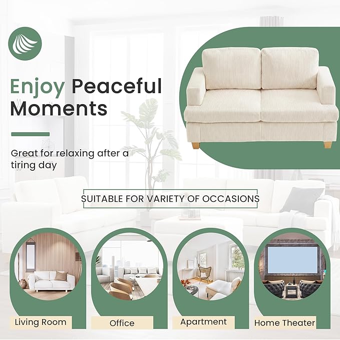 YOUDENOVA 3 Pieces Corduroy Couch Set for Living Room, 3 Seater*2 & Loveseat Cloud Sofa, Deep Seat Floor Couch for Bedroom, Futon Modern Sofa Bed, White Corduroy