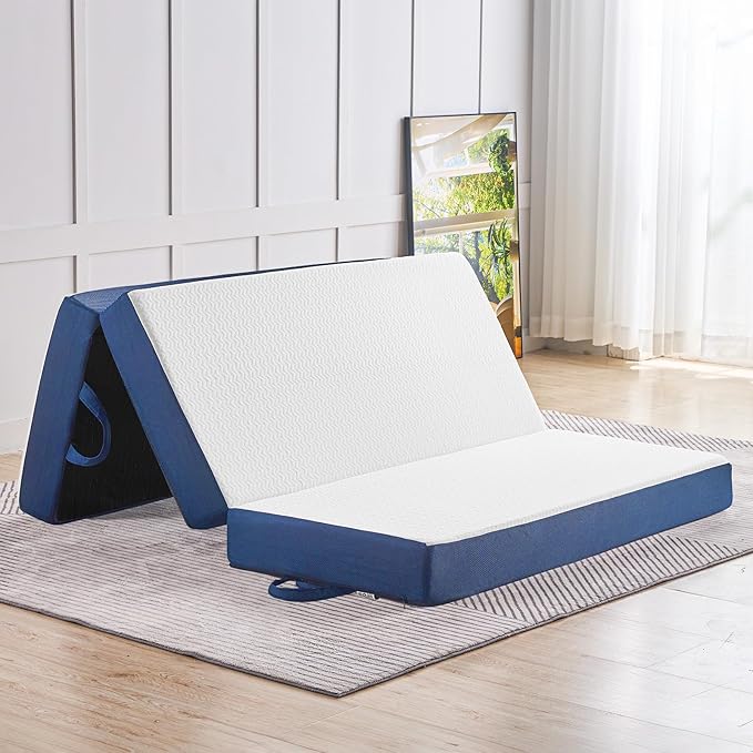 CYMULA Folding Mattress Full Size,4 inch Memory Foam Tri Portable Trifold Mattress Topper Full with Breathable & Washable Cover, Foldable Guest Bed for Camping (52"×73"×4")