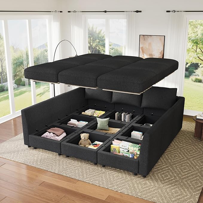 HONBAY Modular Sectional Sleeper Sofa with Storage, Modular Convertible Sectional Couch Bed Module Sleeper Couches for Living Room - Linen Grey