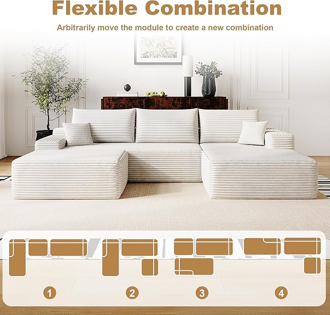 108" Sectional Couches for Living Room Cloud Couch Sofa with L-Shape Upholstered Boneless Couchs Modern Modular Sectional Couch with Chaise (White, 108" Right Facing Chaise+2Seaters+1Ottoman)