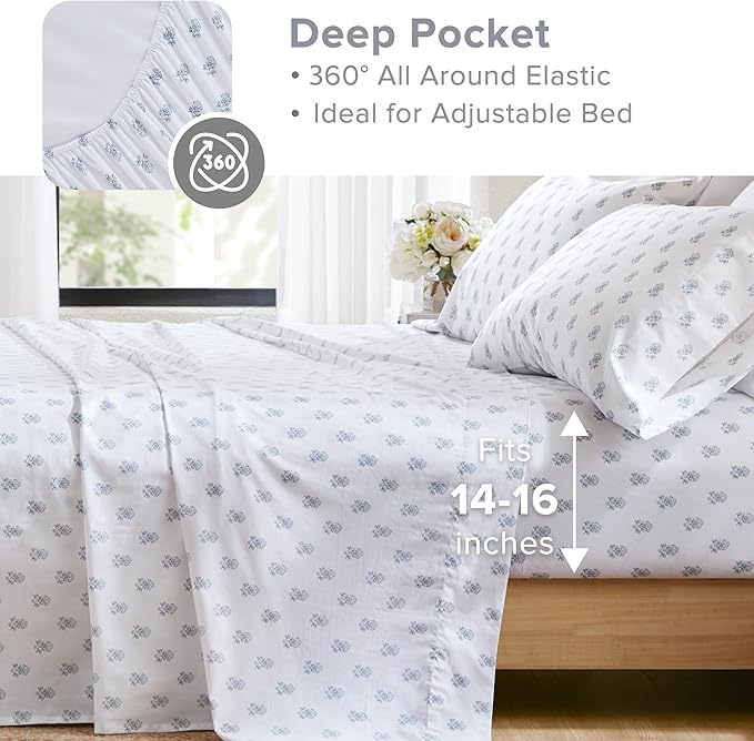 Comfort Spaces 100% Cotton Sheets Full, Breathable, Naturally Cool Cotton Sheets, Soft Cotton Bed Sheets with 14" Elastic Pocket Fits up to 16" Mattress, All Seasons Sheet Set, Floral Blue 4 Piece