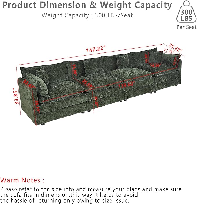Setawix Chenille Cloud Couches for Living Room,4 Seater Cloud Sofa Couch with Deep Seat,147.22" Roomy Cloud Sofas,Modular Sectional 4 Seat Sofa with Pillows for Bedroom (Green, 4 Seater)