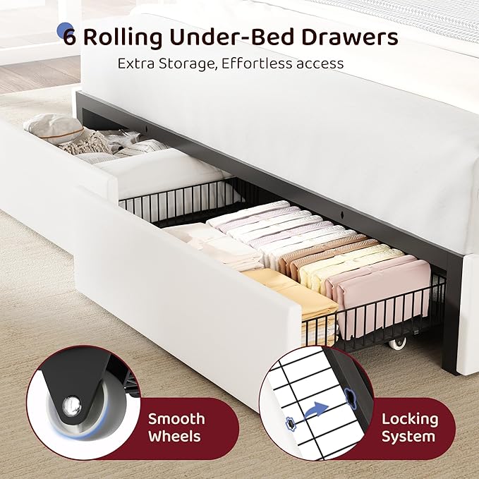 BRELTAM King Size Bed Frame with 6 Storage Drawers, Linen Upholstered Platform Bed with Charging Station,2-Tier Wave-Shaped Headboard Design,No Box Spring Needed,Easy Assembly,White