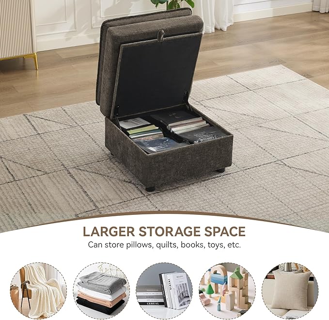 27" Large Square Ottoman with Storage, Modern Upholstered Footrest with Anti-Slip Legs for Couch Coffee Table Living Room, Bedroom, Entryway, Chenille Brown | Upholstered Footrest, Square Ottoman, Footrest, Coffee Table, Couch