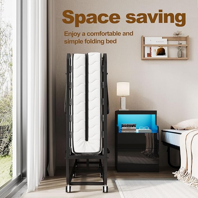 79" x 59" Full Size Folding Bed with Mattress for Adults, 5 Inch Memory Foam Mattress, Portable Foldable Rollaway Guest with Strong Metal & Wood Frame
