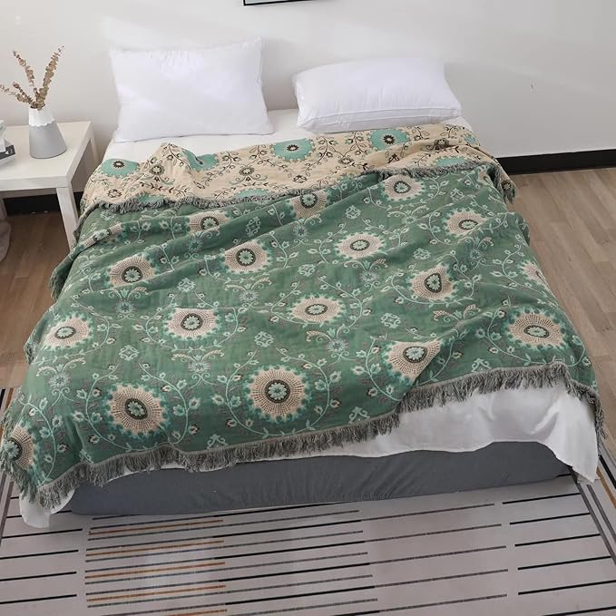 Boho Throw Blanket for Bed 100% Cotton Ultra Soft Rustic Quilt Spring Blanket Floral Printed Farmhouse Decor Bed Blankets,90"x98" All Season Rustic Throw for Sofa Couch Chair