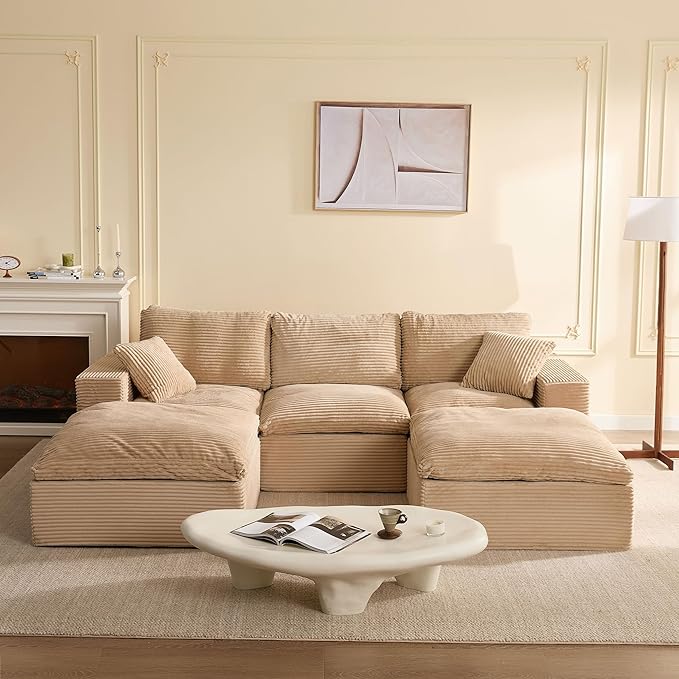 106.3” Sectional Couches for Living Room, Set of Cloud Couch, Modular Sectional Sofa, Convertible Sofas Bed, Deep Seat Sofa, U Shaped Cozy Sofa Furniture Set, Corduroy, Camel
