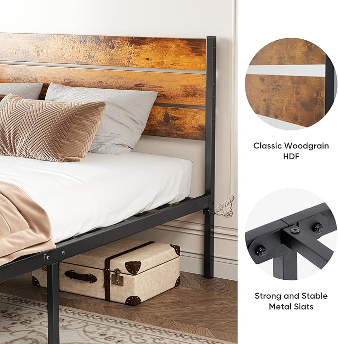 Sweetcrispy Queen Size Bed Frame with Headboard, 800LBS Mattress Foundation with All Sturdy Metal Support, Under Bed Storage, No Box Spring Needed, Easy Assembly, Rust Brown