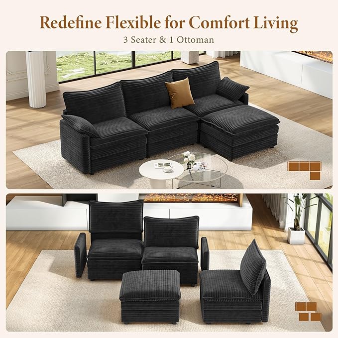 Vesgantti 108" Modular Sectional Sofa, Comfy Cloud Couch with Movable Ottoman Deep Seat Corduroy L Shaped Modular Sofa, Sectional Couches for Living Room, Bedroom and Apartment, Gray