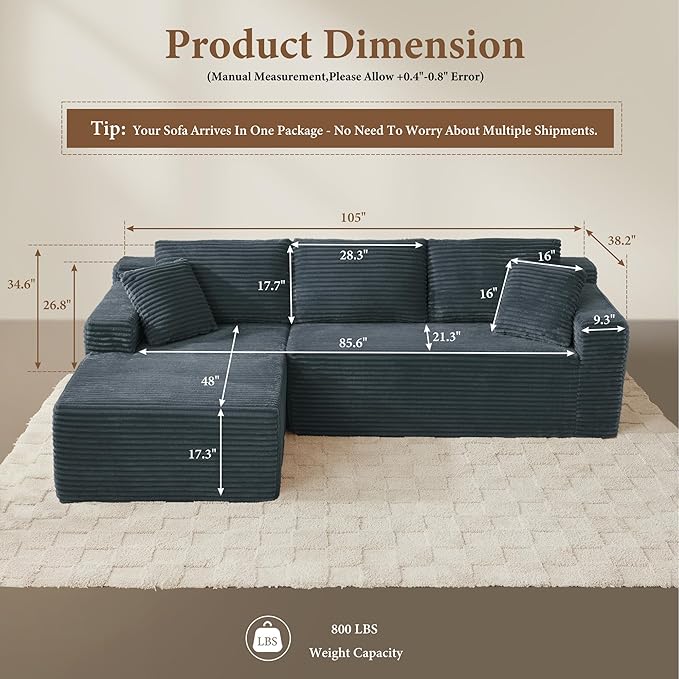 96" Sectional Couches for Living Room Cloud Couch Sofa with L-Shape Upholstered Boneless Couchs Modern Modular Sectional Couch with Chaise (Dark Grey, 95" W+Left Facing Chaise+2Seaters)