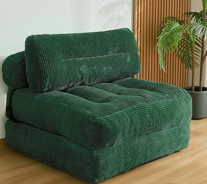 Kisoy Folding Sofa Bed, Convertible Sleeper Chair Couch Bed Faux Rabbit Fur for Adults, with Back Support Floor Couch Comfy Floor Sofa for Living Room Bedroom, Green, Single