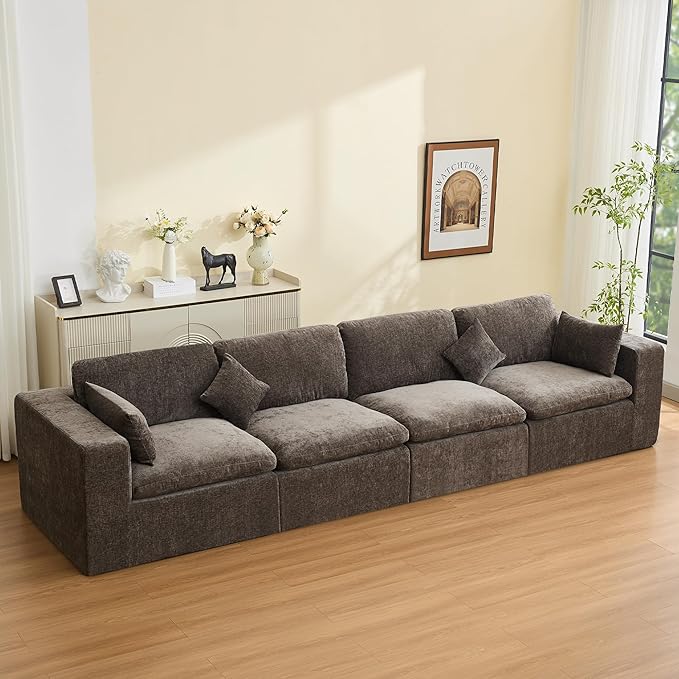 146''Cloud Boneless Sectional Couch, Modular Sectional Sofa Deep Seat, Oversized Upholstered Convertible Comfy 4 Seater Chenille Memory Foam Sofa Couches for Living Room, Brown