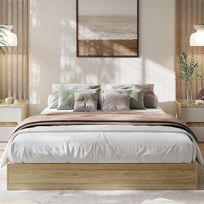 Solid Wood Platform Bed with Sturdy Wooden Slats, California King Size Floor-Standing Bed Frame, Modern Minimalist Design Bed Frame, No Box Spring Needed, Easy Assembly