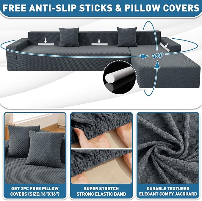 ZNSAYOTX Sectional Couch Covers, Stretch Jacquard Slipcovers with Elastic Bottom for L-Shape Sectional Sofa, 2 Pcs Pet Friendly Modular Sofa Protector (3 Seat Couch + 2 Seat Chaise, Dark Grey)