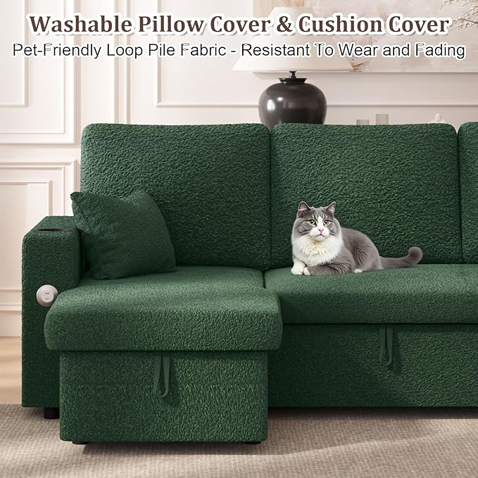 Sleeper Sofa Bed, 4-in-1 Pull Out Couch with Reversible Chaise | Dual USB & Type-C Charging | Dual Cup Holders | Layered Storage (Armrest + Chaise) for Living Room (Classic Green)