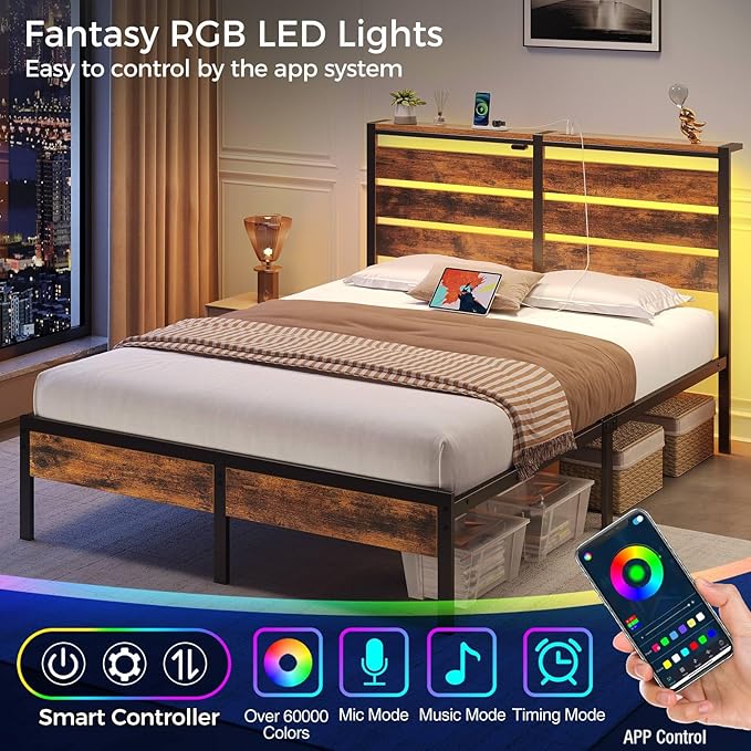 Rolanstar Bed Frame Full Size with USB Charging Station, LED Bed Frame with Wood Storage Headboard, Rustic Brown Metal Platform Bed with Under Bed Storage, No Box Spring Needed, Noise Free
