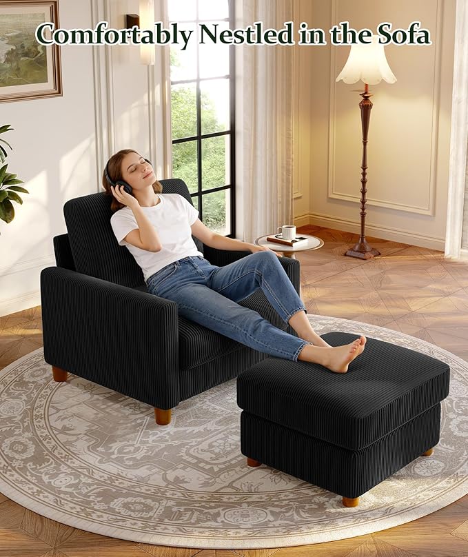 25.2" Couches for Living Room, Comfy Black Ottoman with Storage, Foot Rest Tool-Free Setup, Small Ottoman Foot Rest for Couch, Corduroy Couch for Bedroom, Apartment, Office