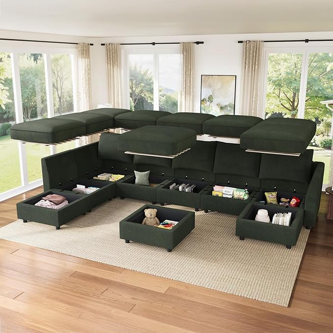 HONBAY Modular Sectional Sofa with Storage, U Shaped Couch Modular Convertible Sectional Couches for Living Room - Green