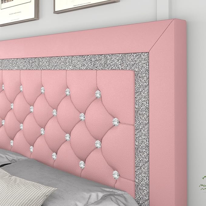 Twin Bed Frame, Faux Leather Platform Bed with Upholstered Diamond Headboard, Mattress Foundation with Strong Wooden Slats Support, No Box Spring Required, Easy Assembly, Pink