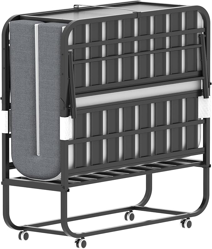 AQY Folding Rollaway Bed with 5" Memory Foam Mattress, 3.15" Lift Adjustable Headboard, 75"x46" Twin Size, Heavy Duty Metal Frame on Wheels, Portable for Adults/Guests, Assembly Required