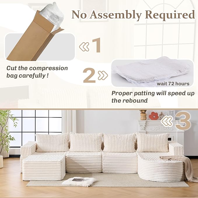 132” Boneless Couches for Living Room, L-Shaped Modular Sectional Sofa with Chaise & Ottoman, Modern Corduroy Cloud Couch with Deep Seat, Comfy Sponge Compression Convertible Sofas
