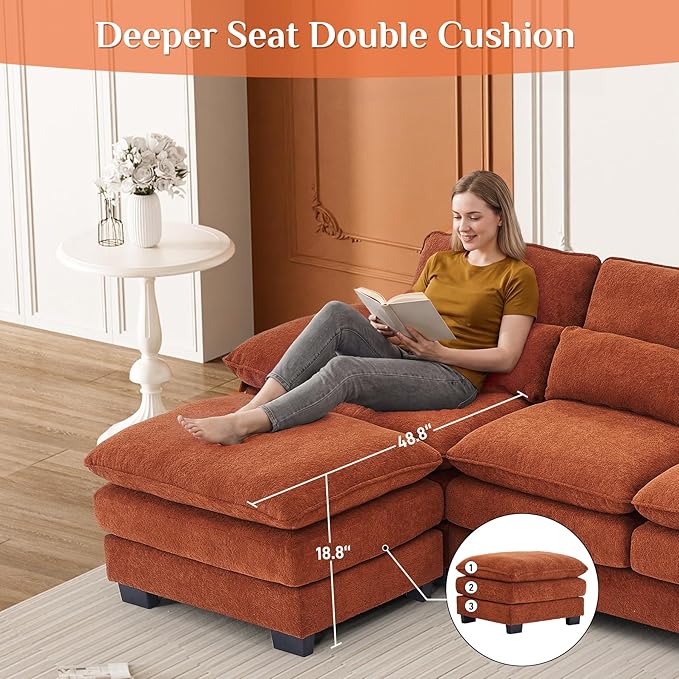 113" Cloud Couch Sectional Modular Sofa U Shaped Sectional Couches for Living Room Comfy 5-Seater Deep Seat Couch Chenille Cloud Sectional Sofa with Movable Ottoman & 4 Pillows, Orange