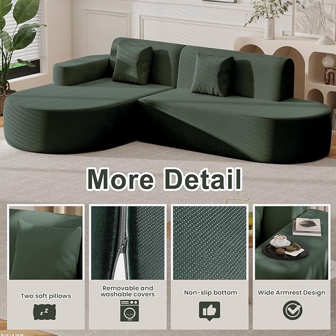 MELLCOM Modern Curved Boneless Sofa Couch, L-Shaped Corner Sofa, No Assembly Needed, Chenille Upholstered Cloud Sectional Couch for Living Room, Bedroom and Apartment (Green, Left Hand Facing)