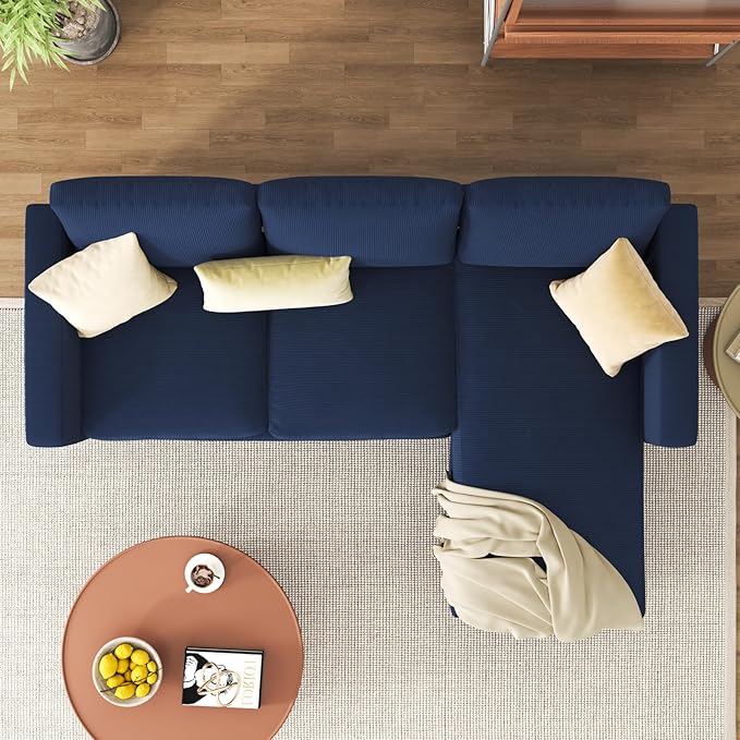 JAMFLY Couches for Living Room, 3-Seat Reversible Sectional Sofa with Convertible Ottoman, Modern Ribbed Fabric L-Shaped Couch for Small Apartment, Studio & Office, Easy Assembly, Blue