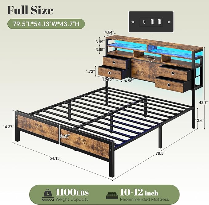 Homkdom Bed Frame Full with 2-Tier Storage Headboard and 4 Drawers,Metal Full Bed Frame with LED Lights & Charging Ports,13.6" Under Bed Storage,No Noise,for Apartment,Guest Room,Rustic Brown