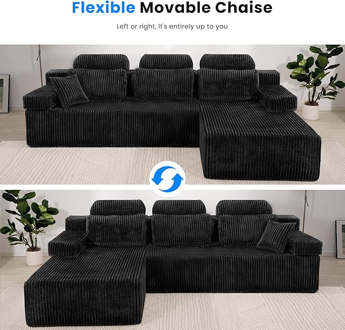 106’’ Sectional Couch with High Backrest, L-Shape Modular Sectional Sofa Convertible Left or Right Chaise, Cloud Corduroy, Boneless Couches Comfortable for Living Room(Black)